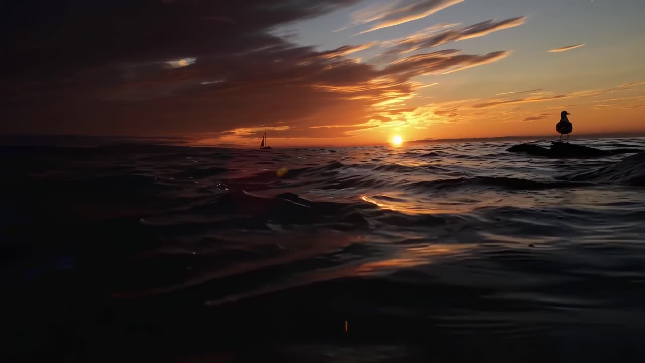 Gelassenes Sonnenuntergangs-Video mit Untersicht auf eine Möwe und ein Segelboot auf ruhigem Wasser.