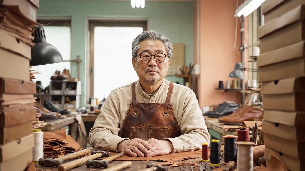 Maestro artigiano in laboratorio circondato da pelle e attrezzi, assorto nei pensieri, che riflette anni di esperienza nella produzione e nel design di scarpe artigianali.