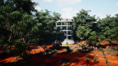 una torre abandonada, de vidrio y metal en un desierto forestal