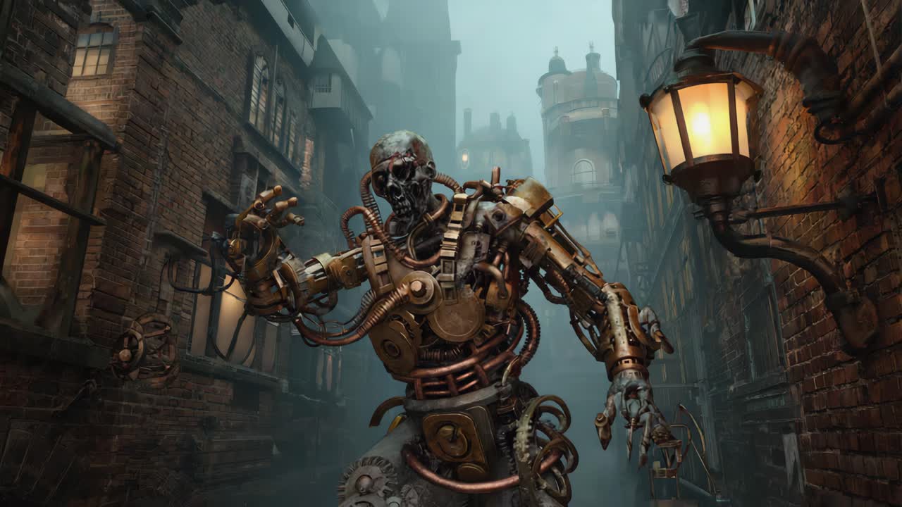 Steampunk Automaton in a Foggy Victorian Alley
