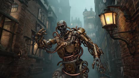 steampunk automaton in a foggy victorian alley
