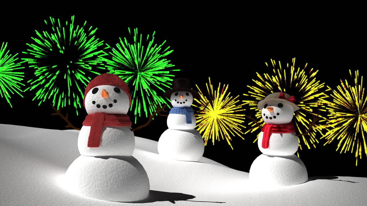 Animación de muñecos de nieve con fuegos artificiales navideños y de Año Nuevo amarillos y verdes explotando en el cielo nocturno.