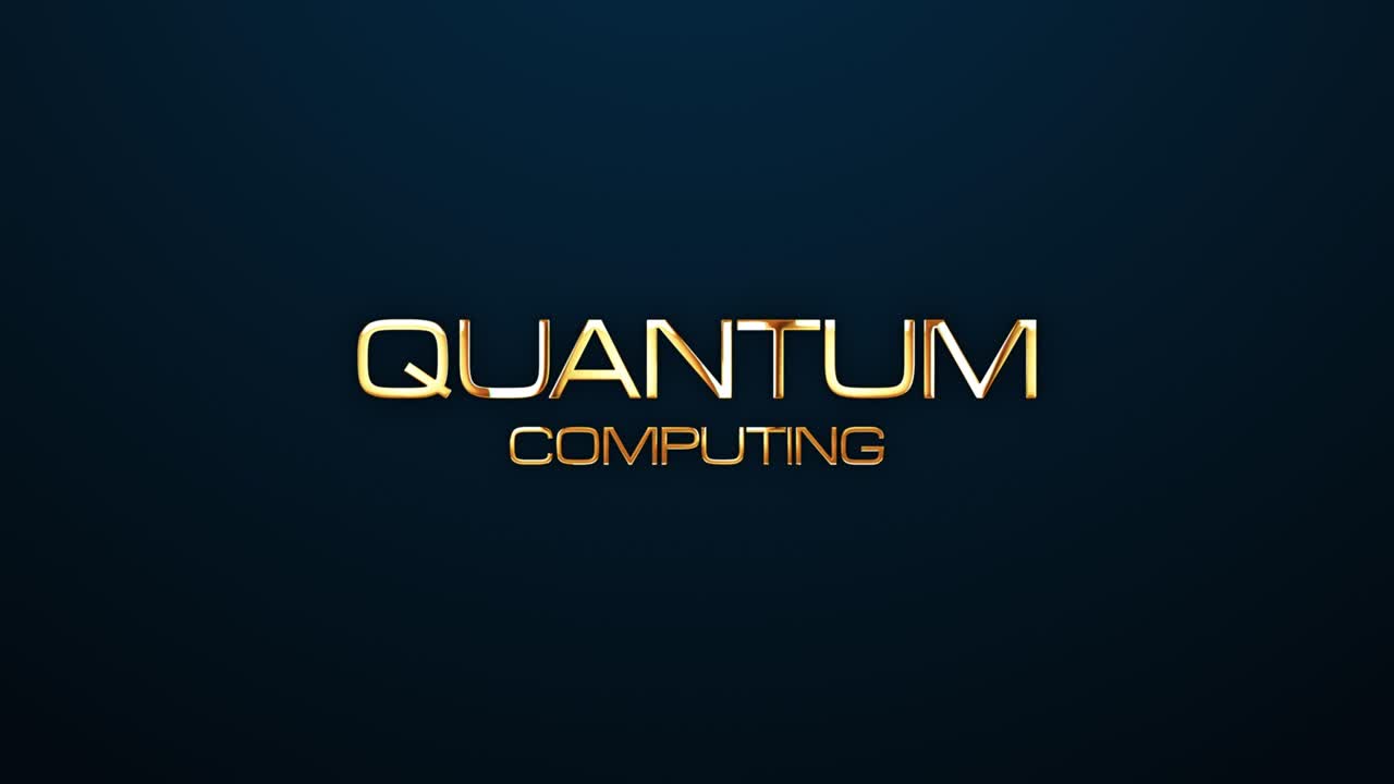 Quantum Computing text word gold light animation loop with glitch text effect. 4K 3D seamless looping Quantum Computing effect element for Cinema trailer, Sales Marketing title banner. Old Gaming Console Style