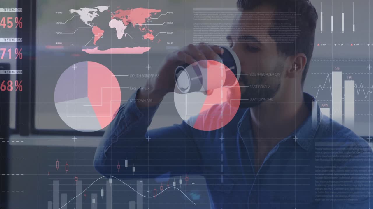 animación del procesamiento de datos sobre un hombre de negocios caucásico bebiendo café