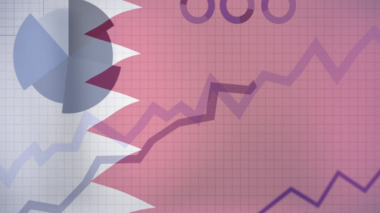 카타르 국기 배경에 있는 그래프와 파이 차트 위에 데이터를 수집하는 텍스트 애니메이션