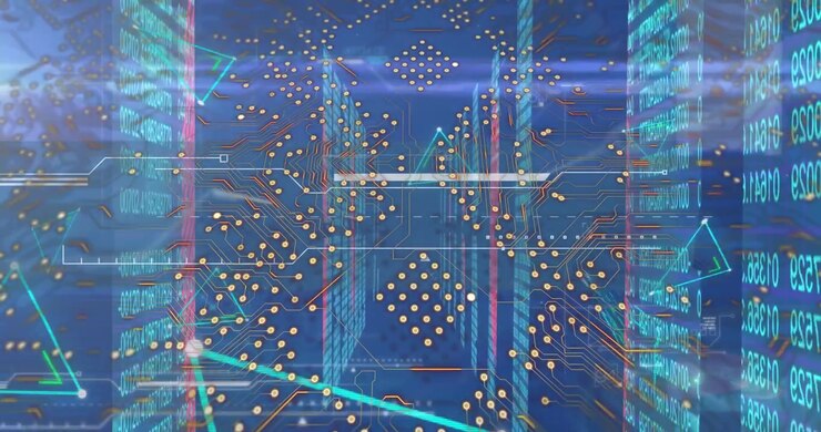 Animation of computer circuit board over data processing