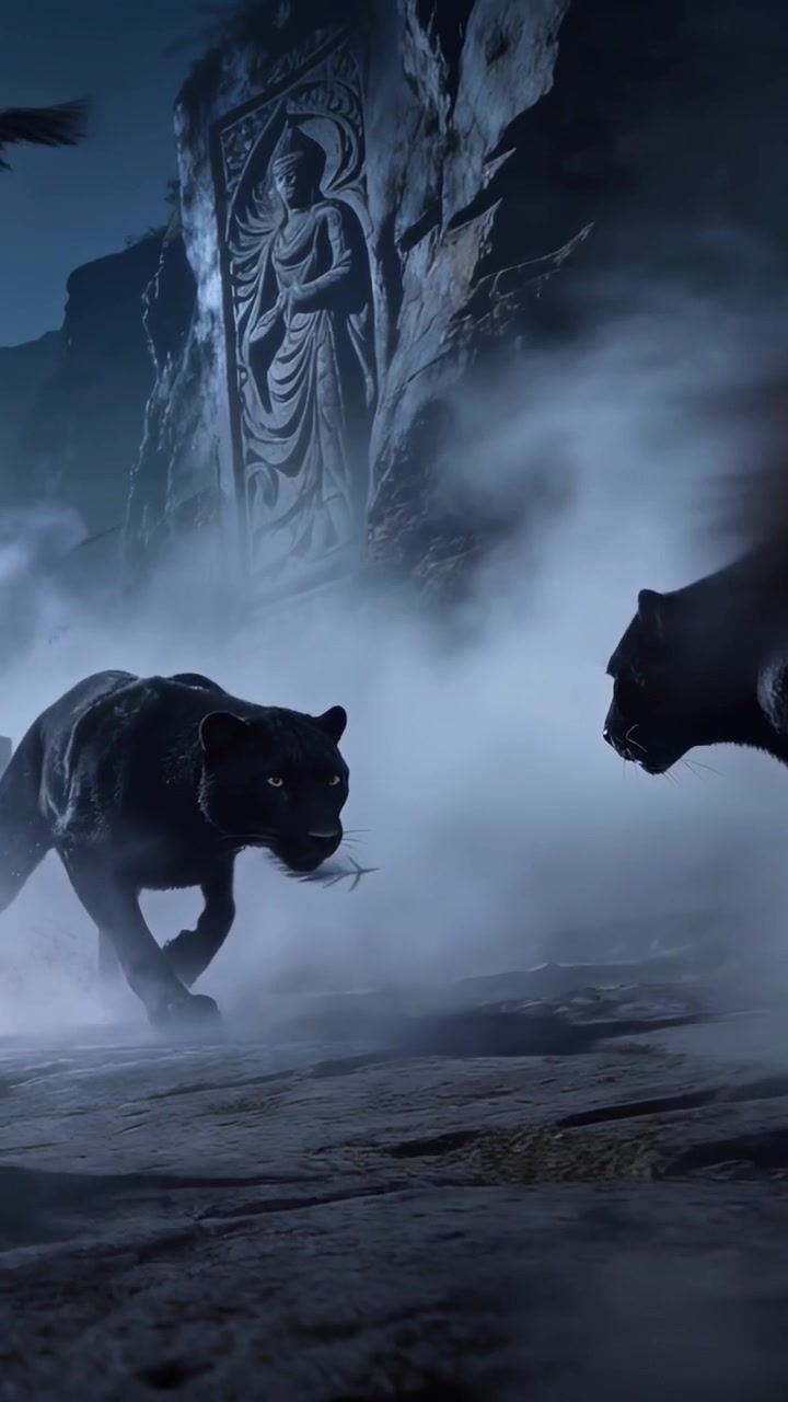 Vertical video: Mist lifting black panthers approaching canyon wolf crossing testing turf by relief