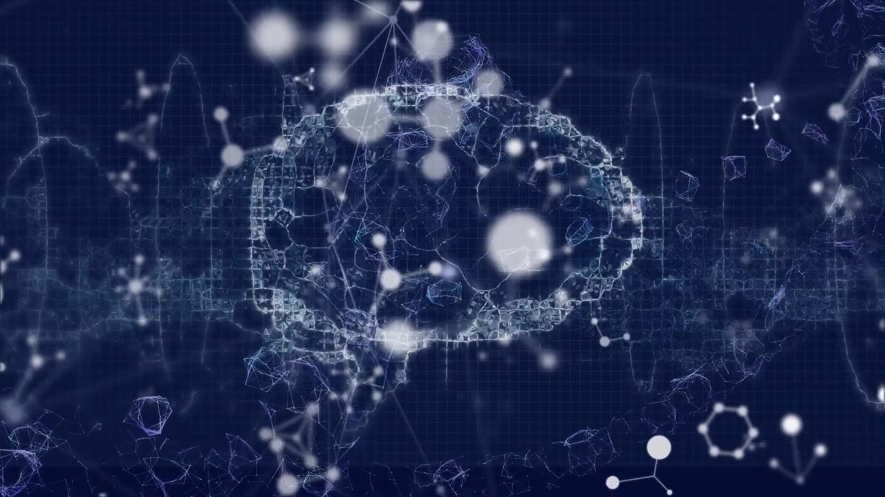 Animation of data processing and brain on blue background