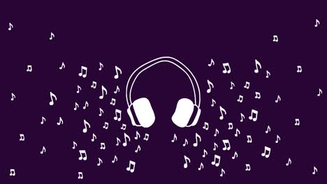 loopable animation of headphones surrounded by musical notes on a purple background