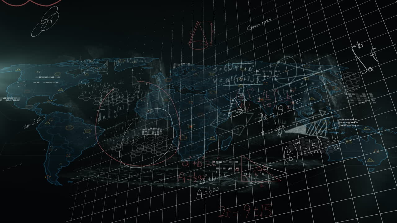 Animation of mathematical equations over data processing and world map