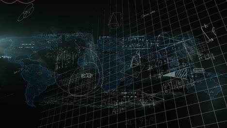 animación de ecuaciones matemáticas sobre el procesamiento de datos y el mapa del mundo