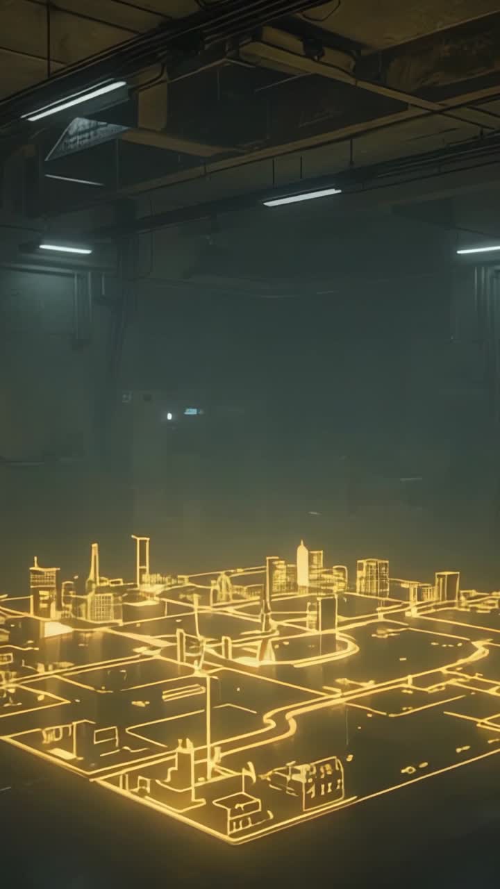 Vertical video: Materializing golden holographic city on platform in cellar, with exposed pipes