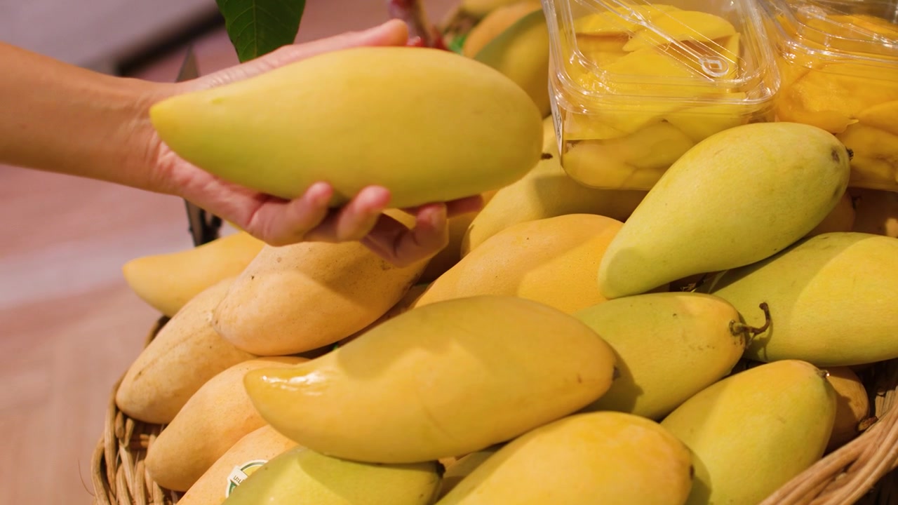Ręka ostrożnie wybiera i sprawdza dojrzałe żółte mango z ekspozycji w wiklinowym koszu