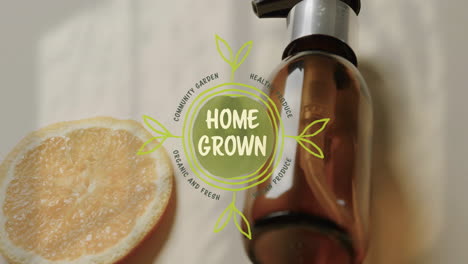 animation of home grown text and logo over lemon slice and beauty oil pump bottle