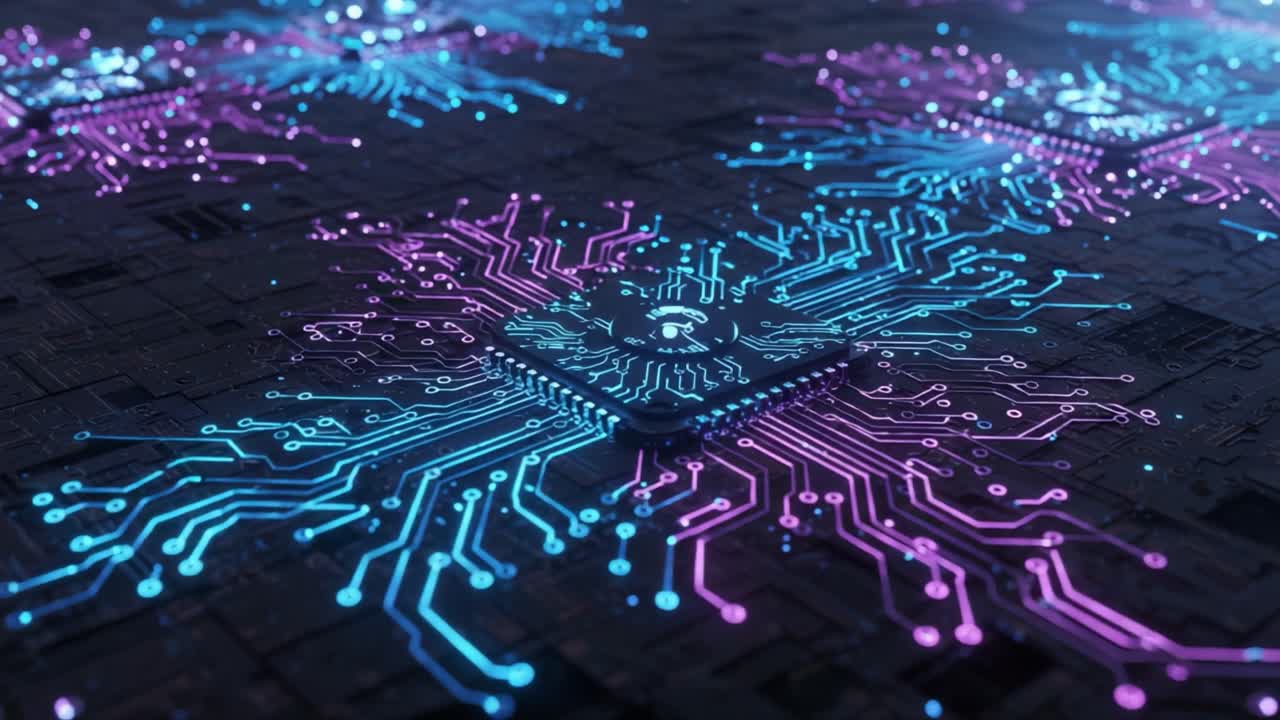 Intricate Circuitry Design with Vibrant Blue and Purple Light Patterns Illuminating a Futuristic Microchip Array on a Dark Digital Surface