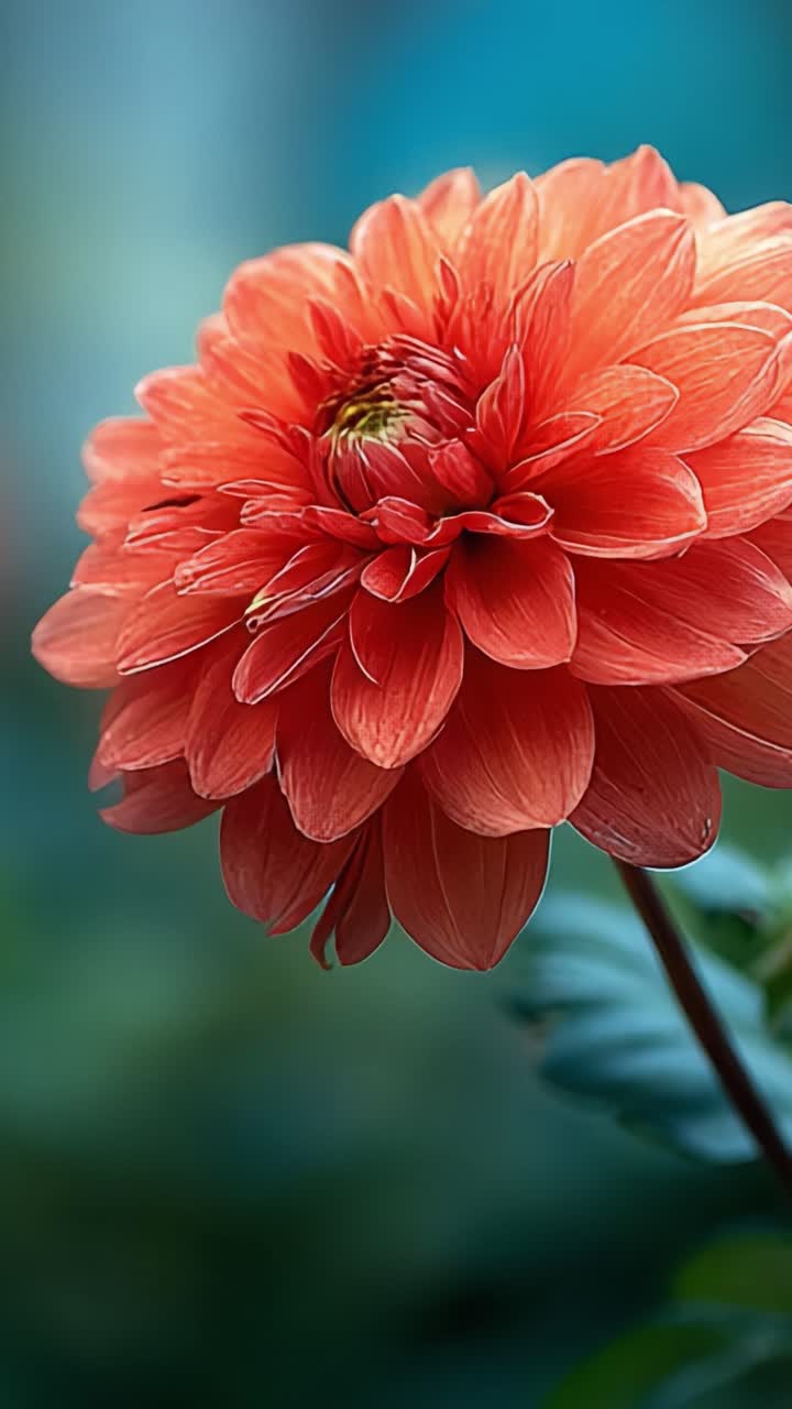 Detail Vibrant Orange Dahlia Bloom Tertangkap, Menampilkan Kelopak Subur dan Tekstur Kaya dengan Latar Belakang yang Menenangkan