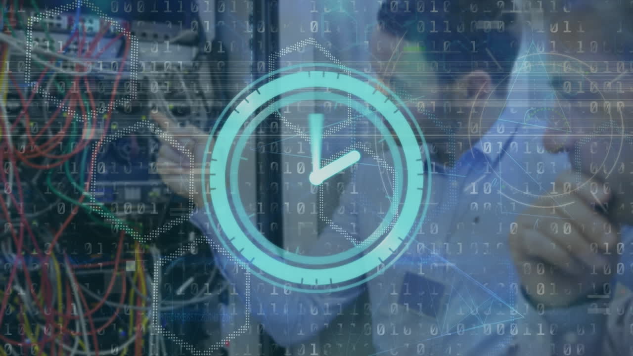 Animation of binary coding and moving clock over biracial men in server room