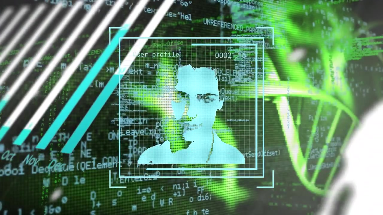 Animation of digital data processing over financial data processing on black background