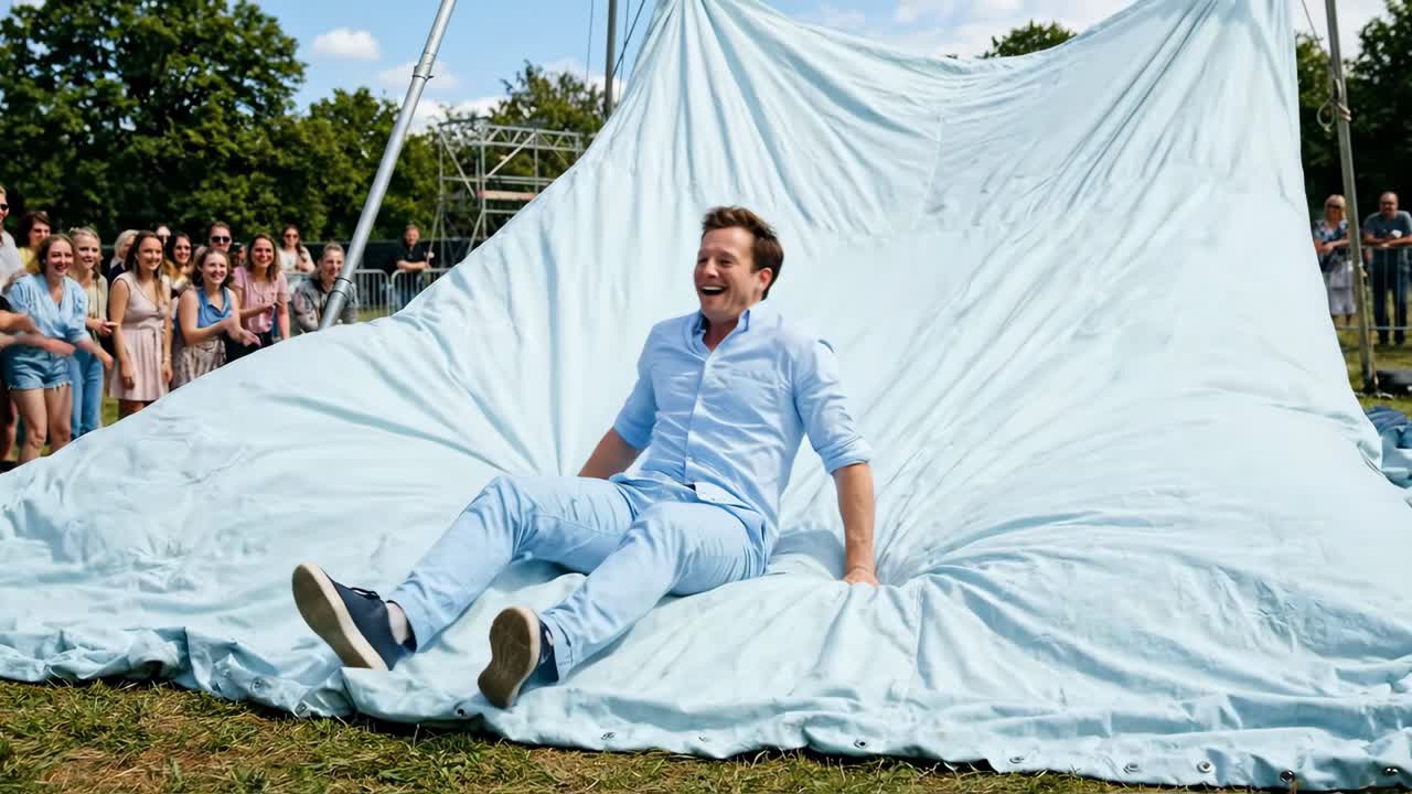 Glad mand glider ned ad et stort blåt lagen ved et udendørs arrangement