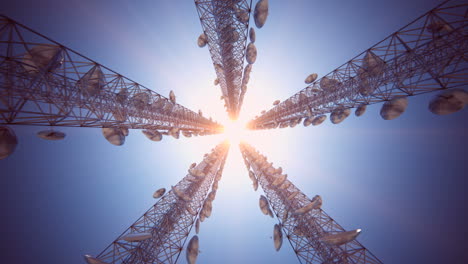 a low angle view of a cluster of cell towers reaching up into the sky