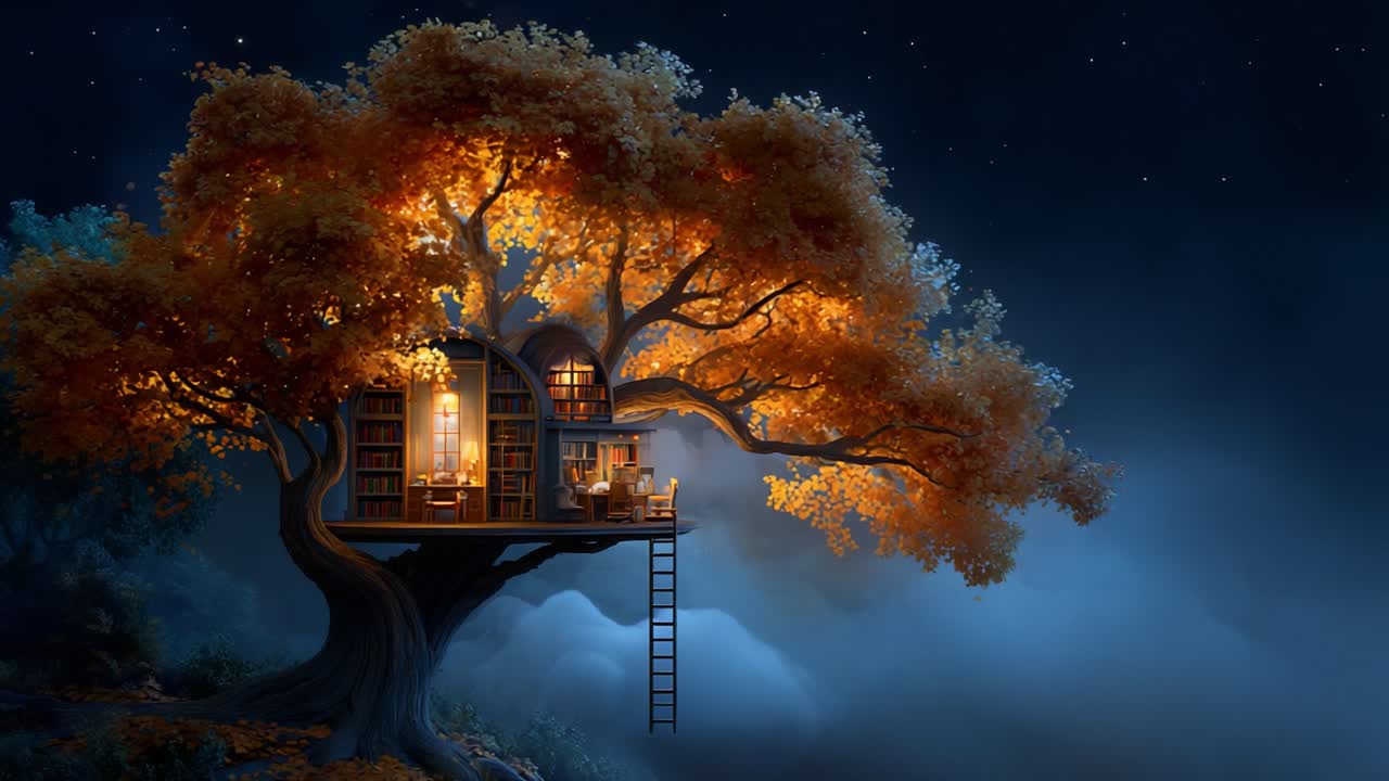 A Magical Treehouse Illuminated by Autumn Leaves at Night, Nestled Amongst Stars and Wispy Clouds, Inviting Cozy Moments of Reflection and Imagination in a Dreamy Setting