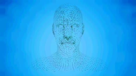 animation of human head formed with binary coding spinning over blue background