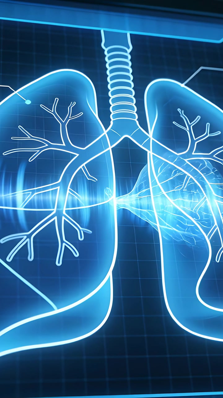 Video verticale: Visualizzazione animata dei polmoni, con un marcatore sulla trachea che invia un pennacchio nei bronchi per la diagnosi.