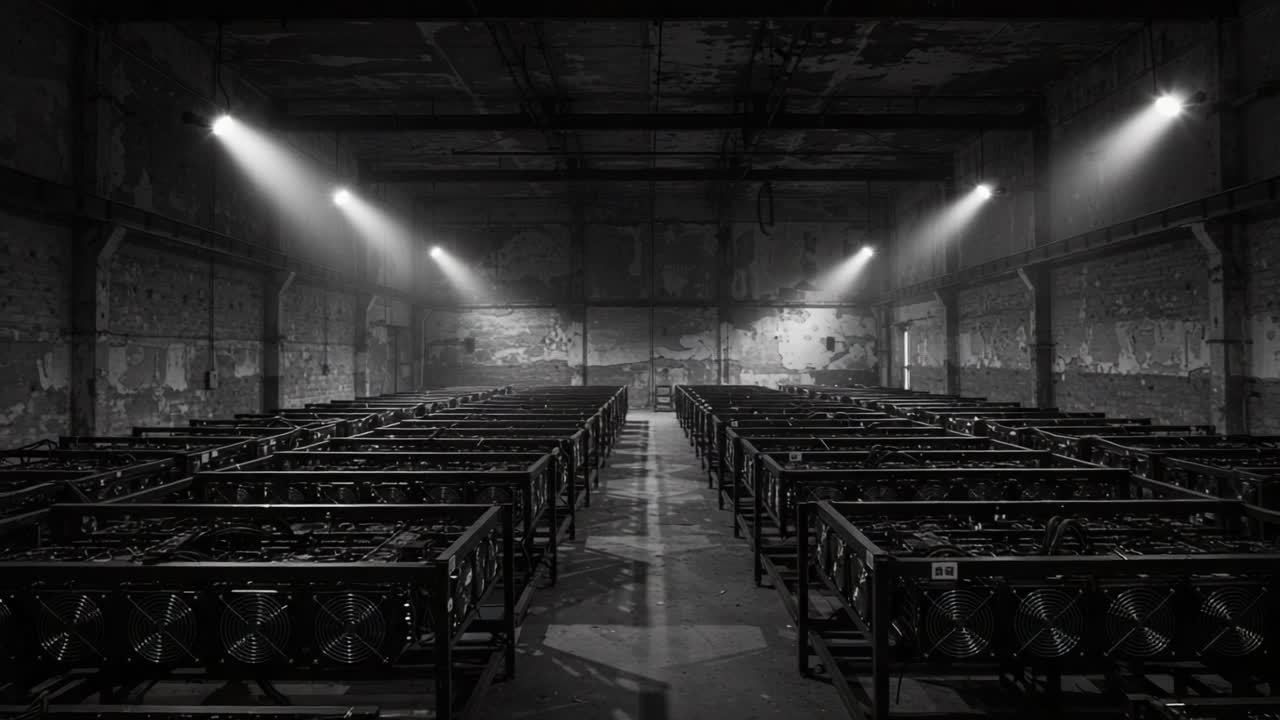 A hauntingly empty industrial space illuminated by beams of light reveals rows of complex machinery, showcasing the stark contrast between innovation and abandonment