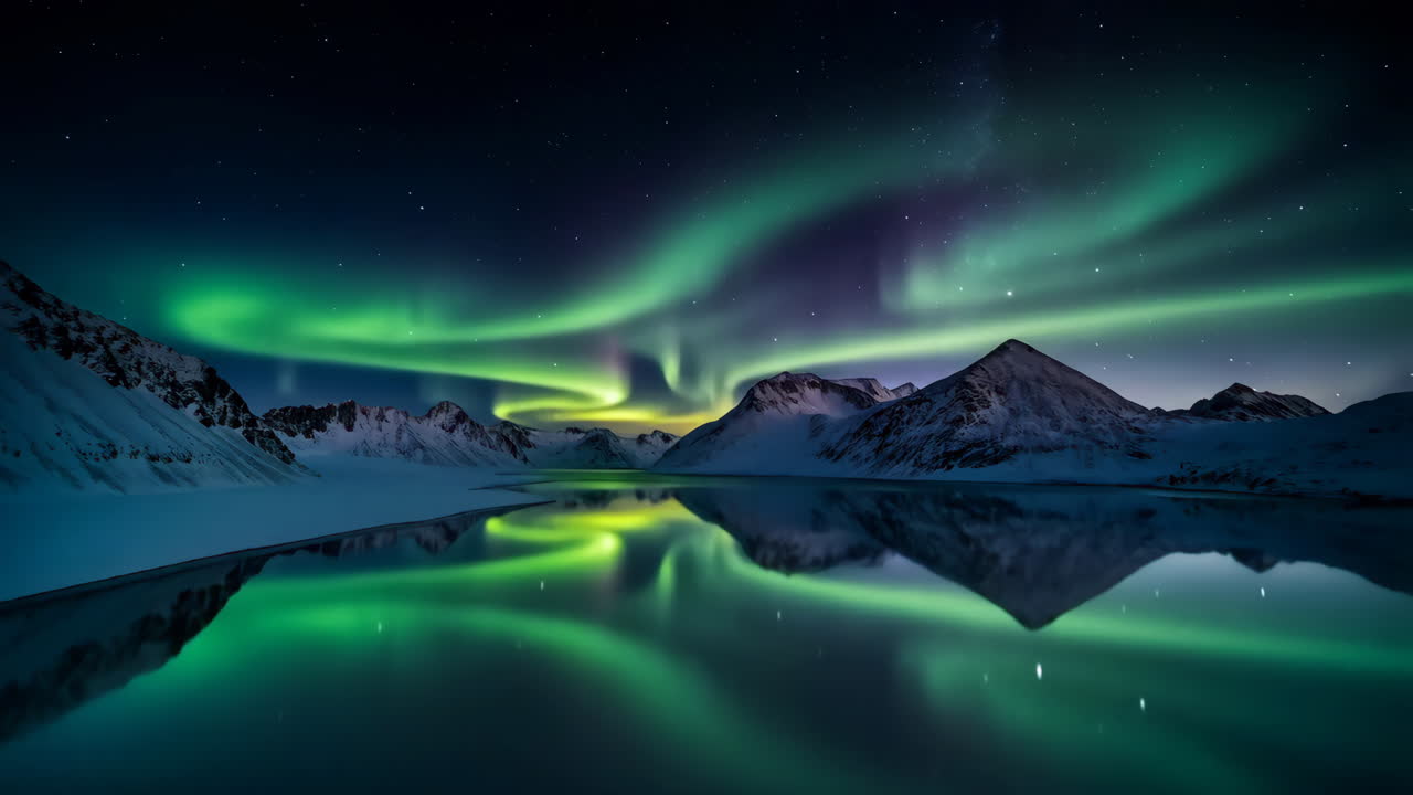 Aurora Borealis Reflections Over Snow-Capped Mountains and Lake
