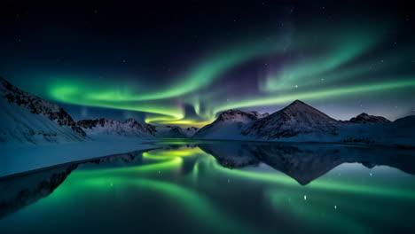 aurora borealis reflections over snow-capped mountains and lake