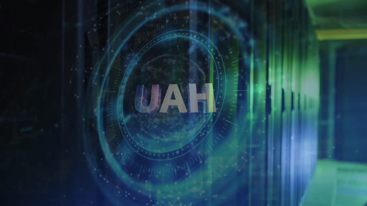 Animation of ukraine hryvnia symbol on rotating safe lock over computer server room