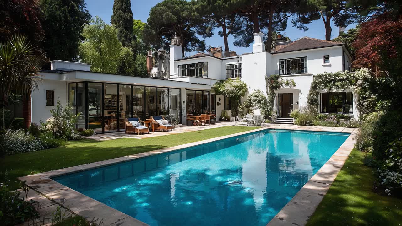 Residência moderna impressionante com paisagismo exuberante e piscina cintilante, cercada por árvores verdejantes e flora vibrante, perfeita para lazer e relaxamento ao ar livre