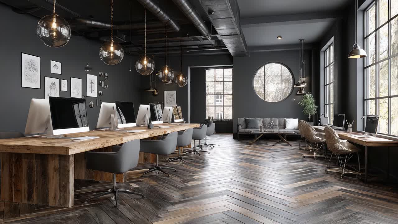 Spazio di lavoro industriale moderno con elementi di design eleganti in legno e metallo, layout aperto e luce naturale, perfetto per la collaborazione creativa e la produttività.
