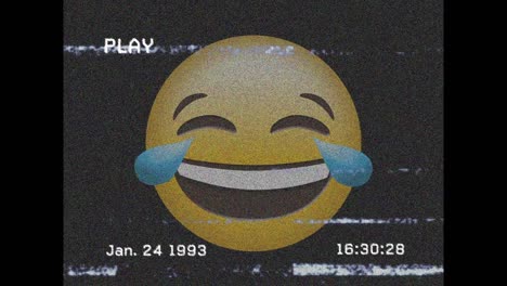 Digitale-Animation-Des-VHS-Glitch-Effekts-über-Einem-Lachenden-Gesichts-Emoji-Vor-Grauem-Hintergrund