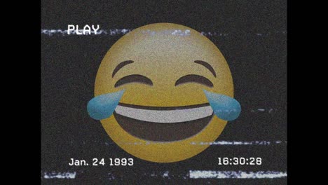 animación digital de vhs efecto de fallo sobre el emoji de la cara riendo contra un fondo gris