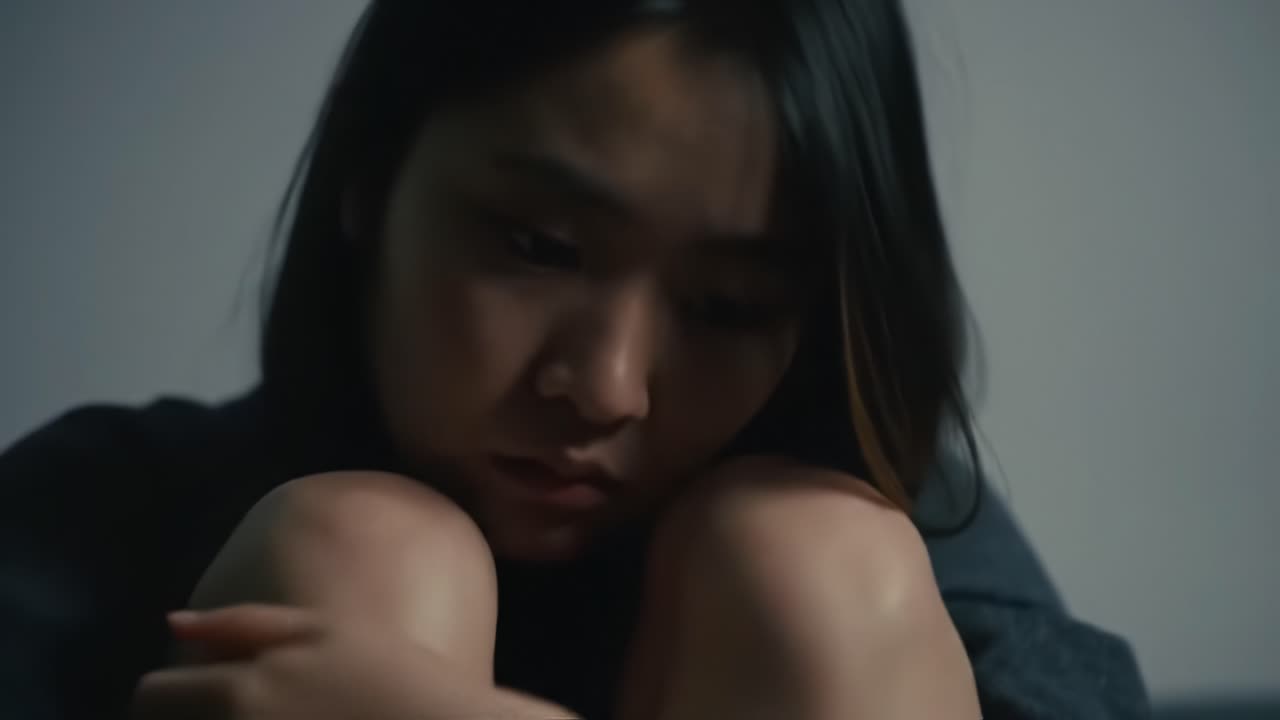 A woman sits in a softly lit room, lost in deep thought. Her expression reveals vulnerability as she contemplates her feelings, creating a poignant atmosphere of introspection and solitude.