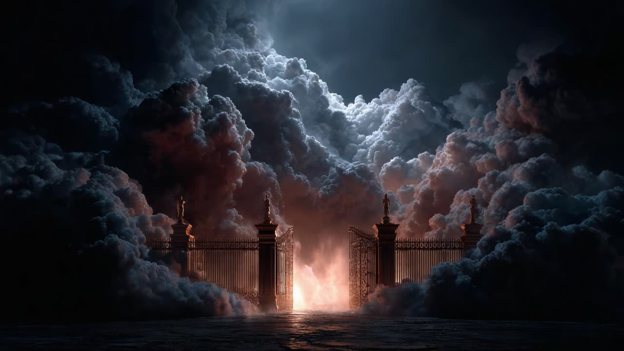 A Mysterious Gateway Illuminated by Radiant Light, Surrounded by Eerie Clouds, Signifying the Threshold Between Different Realms and the Unknown