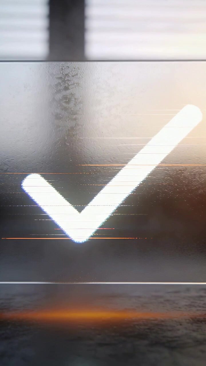 Vertical video: Flickering at start glowing check mark pulsing on textured panel, shifting lines