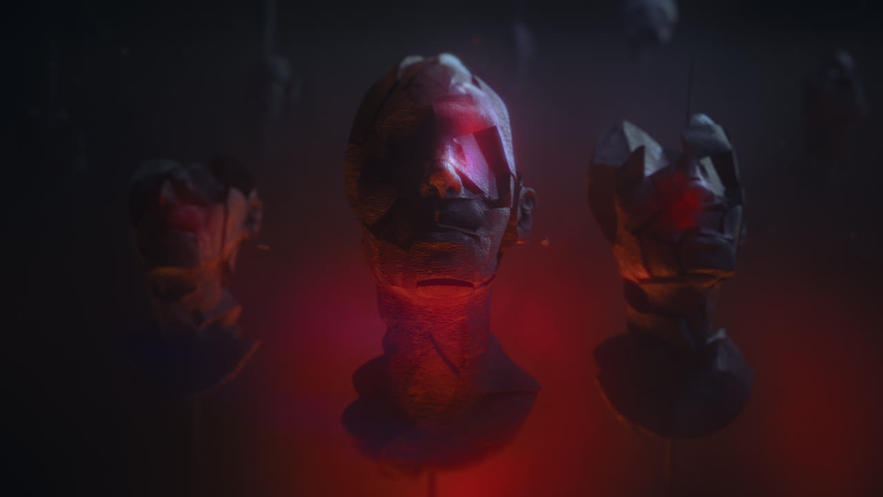 Three crushed android heads on spikes in hell