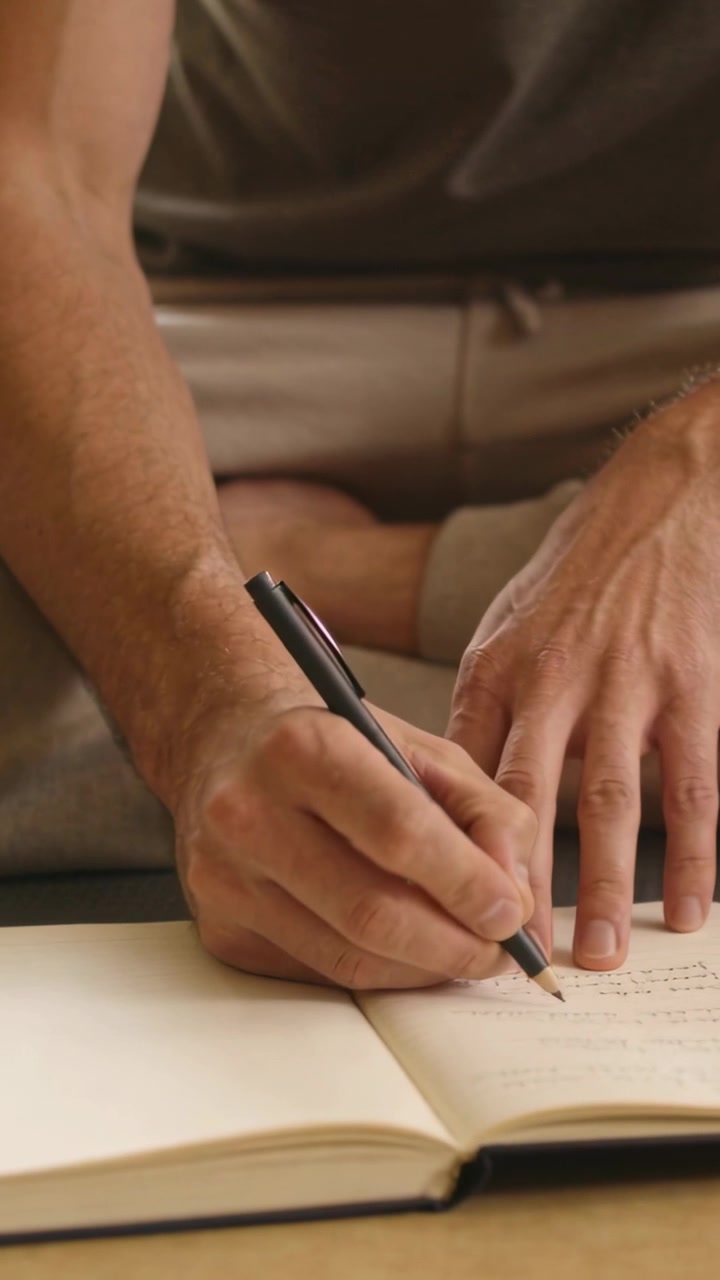 Vertical video: Writing man pen touching notebook, taking notes and moving hands on couch in shorts