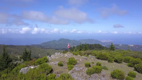 madeira, portugal - man wearing hoodie jacket standing on top of the rocky lush mountain under the cloudy blue sky - aerial drone shot