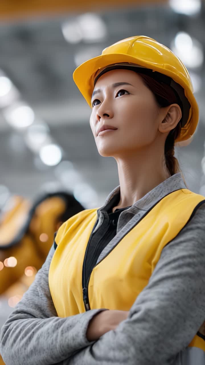 Donna concentrata e determinata, con indumenti protettivi e cappello, che incarna forza e sicurezza in un ambiente di lavoro industriale, pronta per le sfide future