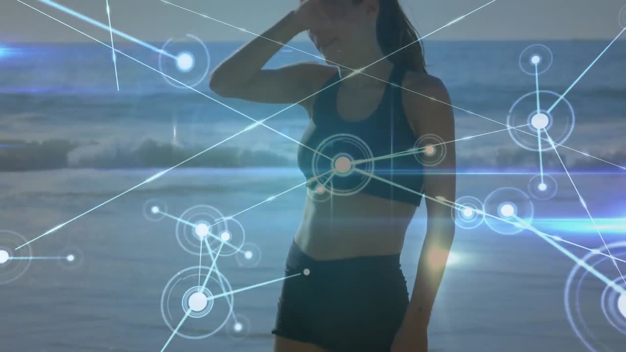 해변에서 휴식을 취하는 피곤한 백인 여성에 대한 연결 네트워크의 애니메이션