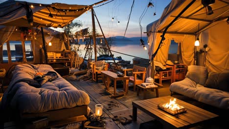 twilight lakeside campsite with warm lights and cozy furniture