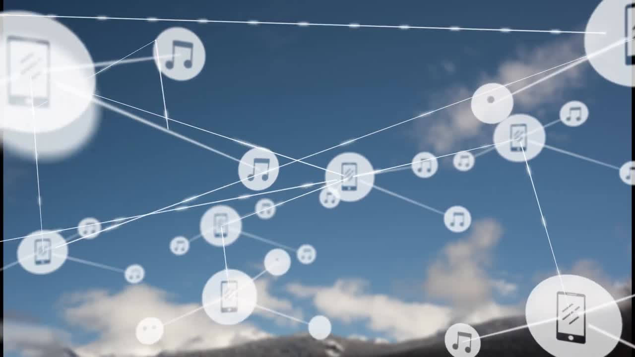 풍경 위의 아이콘으로 연결된 네트워크의 애니메이션