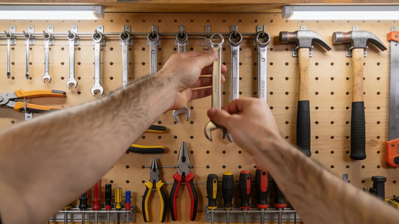 Hands entering bottom center, forearms unhooking wrench from workshop pegboard, checking size