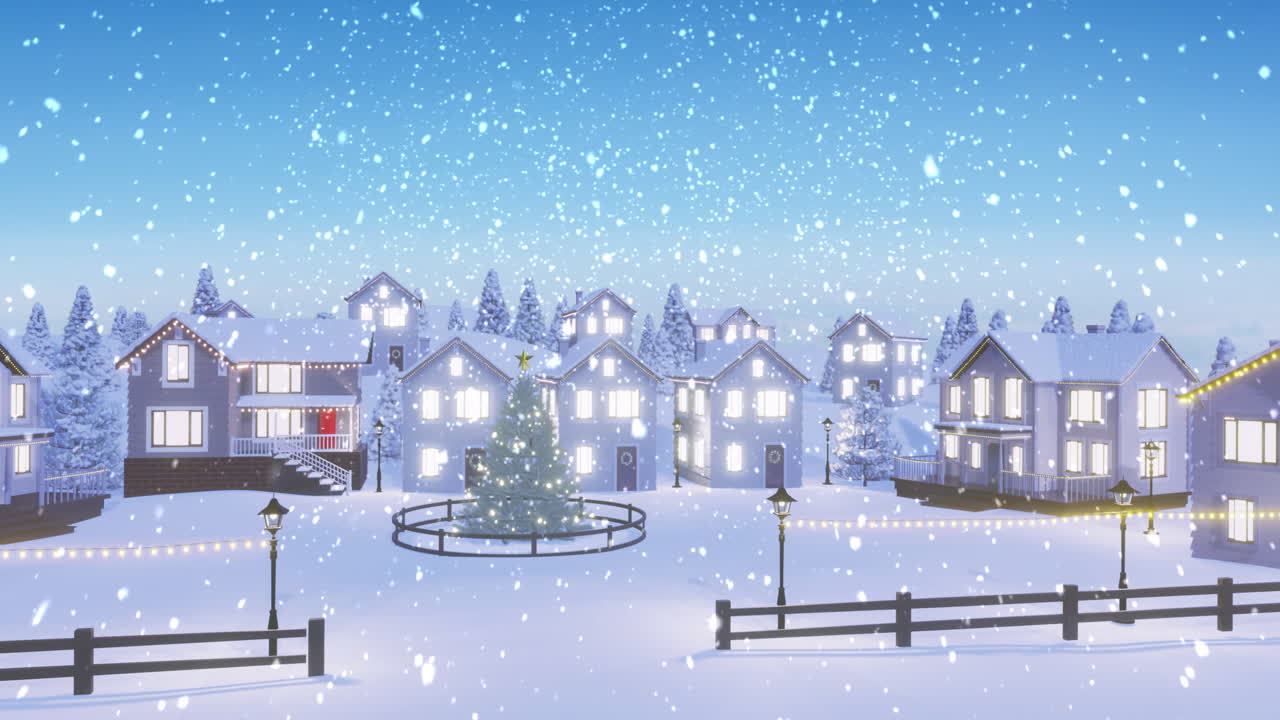 집 과 겨울 풍경 을 가진 크리스마스 나무 위 에 내리는 눈 의 애니메이션