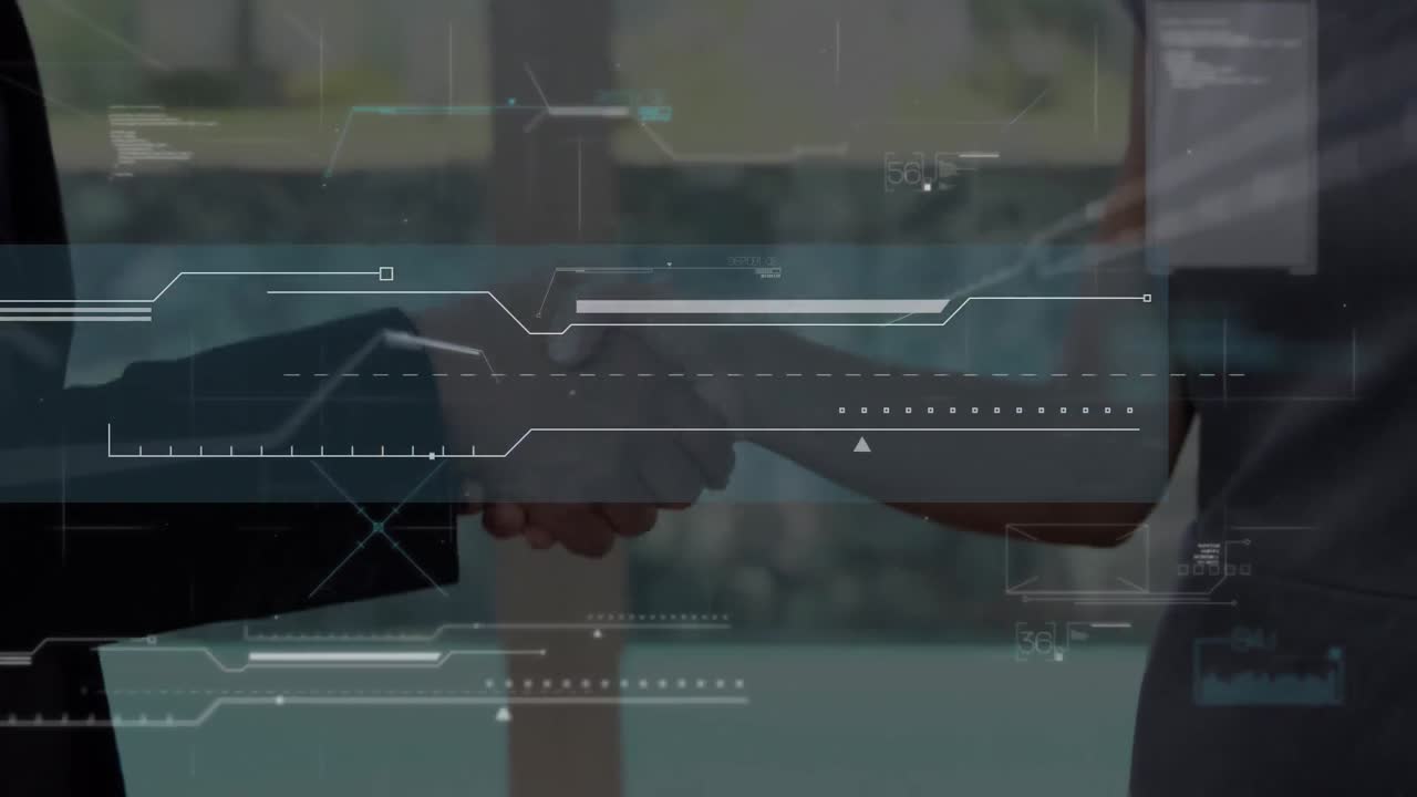 Animation of data processing over businessman handshake