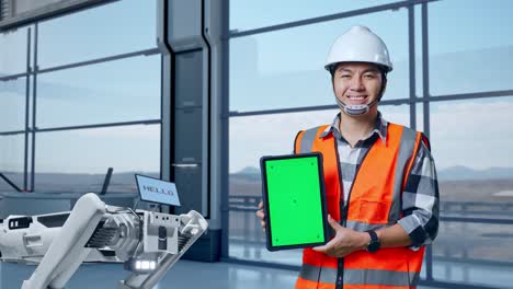 ingeniero con una tableta delante del robot
