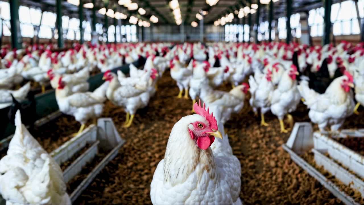 Wide-angle shot of a chicken farm, capturing numerous chickens in a spacious barn